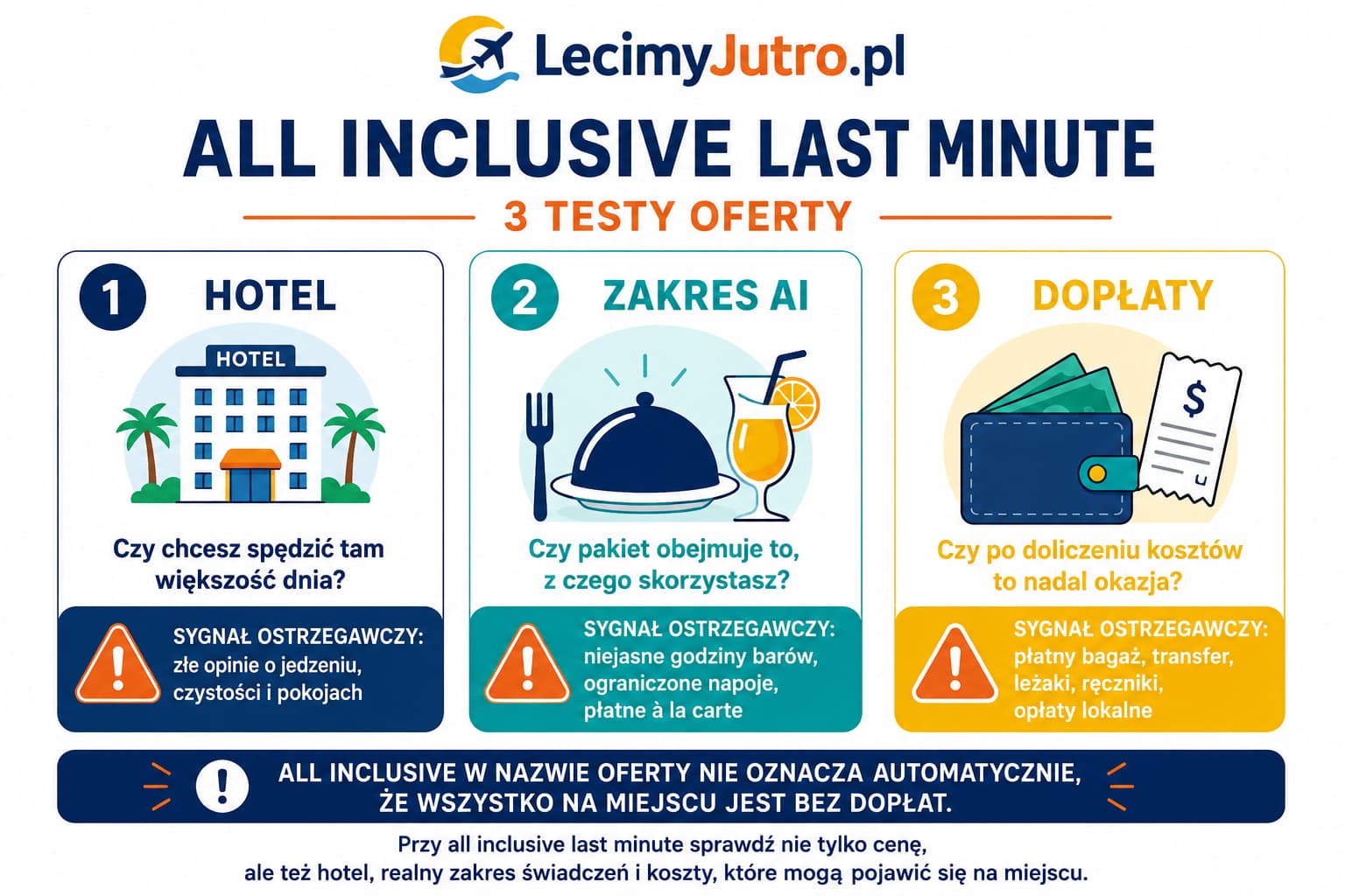 Grafika pokazująca 3 testy oferty all inclusive last minute: hotel, zakres świadczeń i dopłaty.