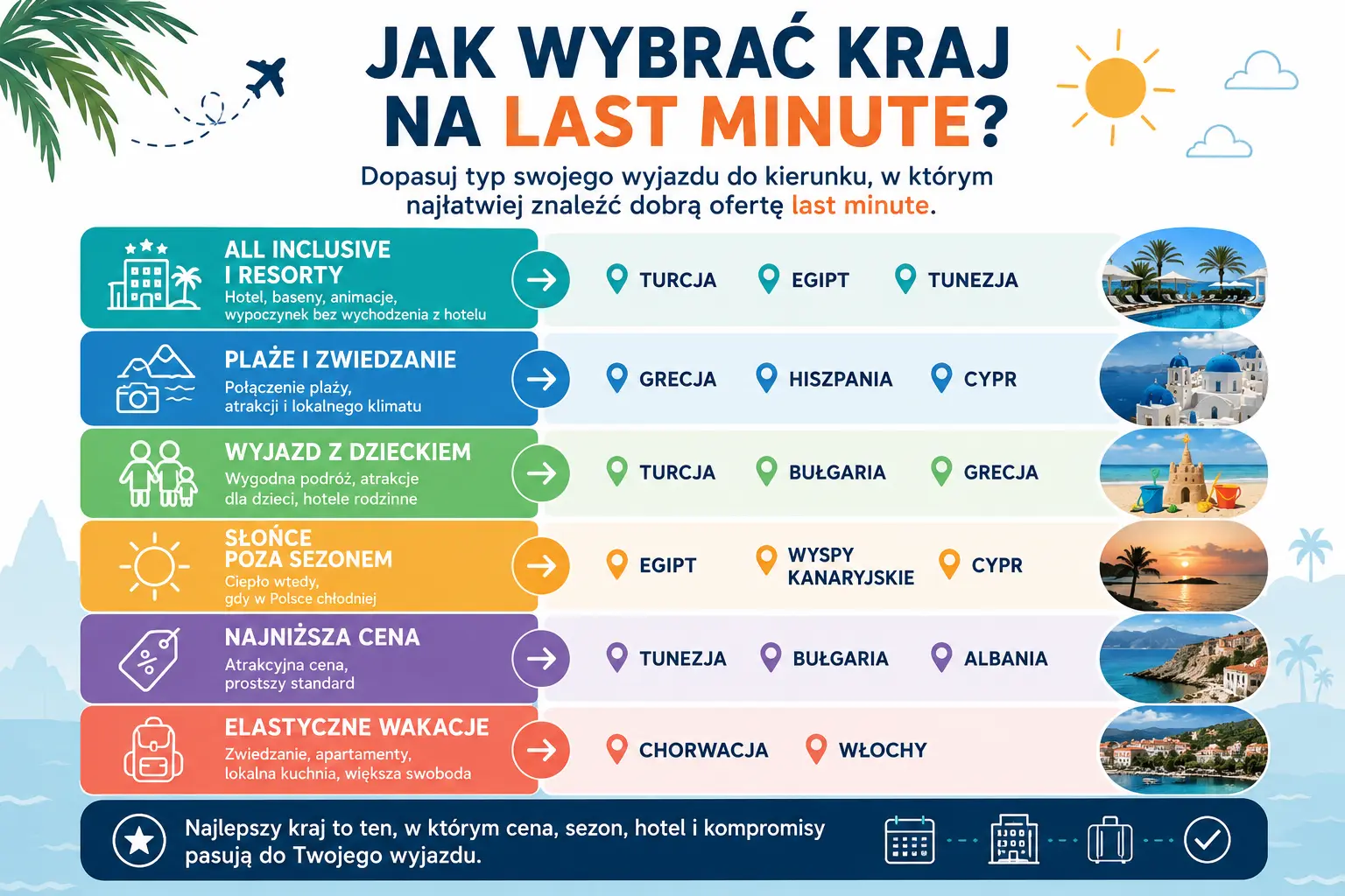 Mapa wyboru kraju na last minute z Polski według typu wyjazdu, sezonu i kompromisów.